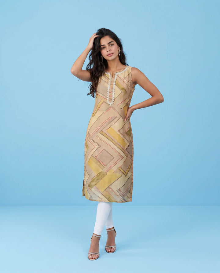 Beige Viscose Blended Sleeveless Straight cut Long Kurta