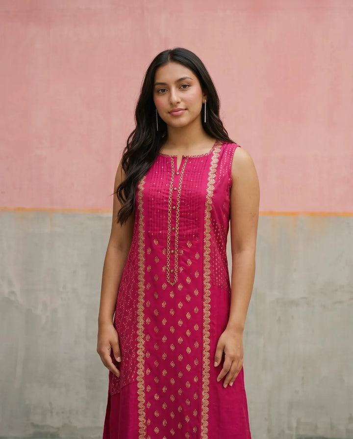 Pink Printed Rayon Sleeveless Maxi Dress