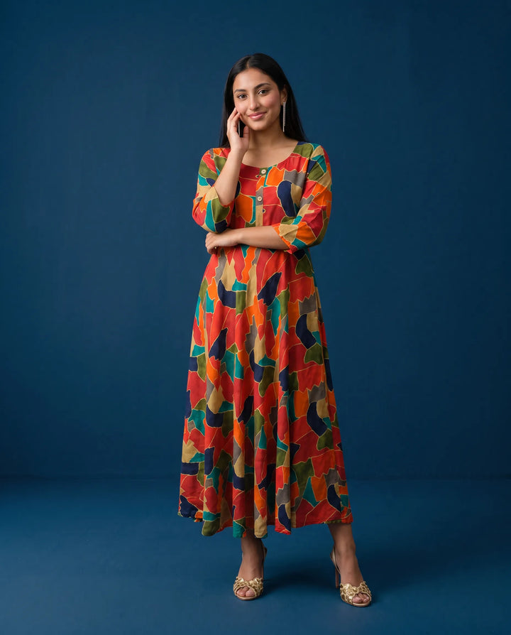 Multi Colour Printed Rayon Maxi Dress