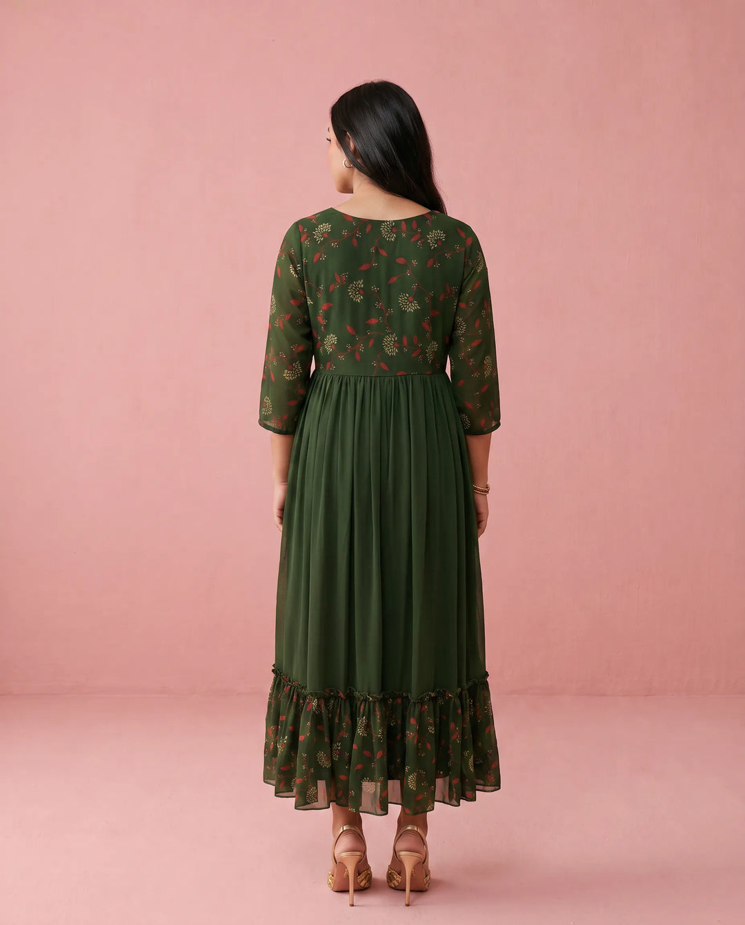 Green Embriodered Georgette Maxi Dress
