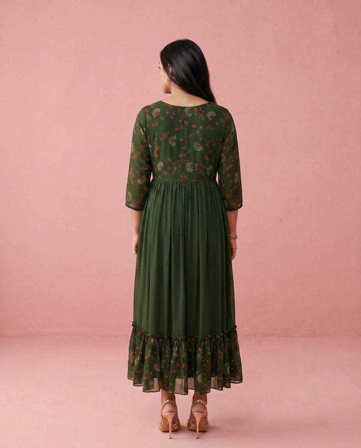 Green Embriodered Georgette Maxi Dress