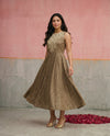 Brown Printed Viscose Blended Sleeveless Maxi Dress