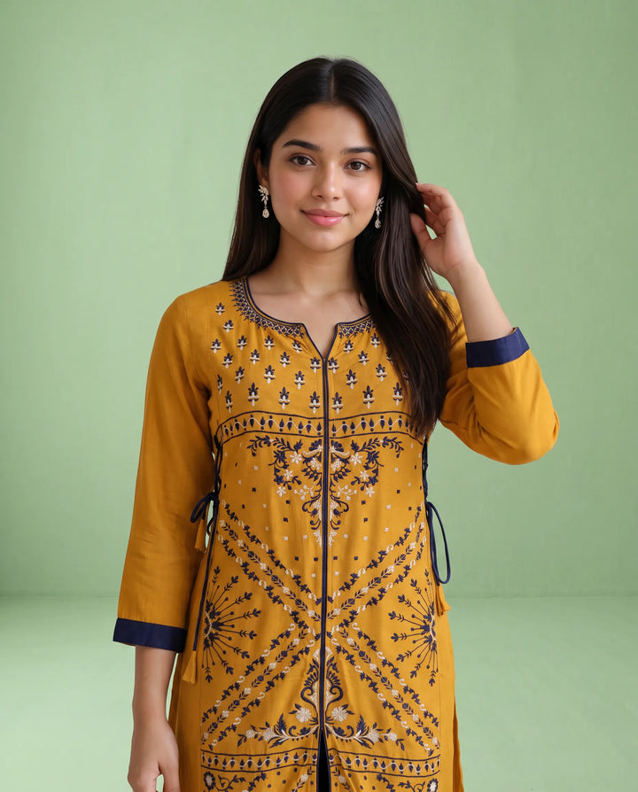 Yellow Embroidered Rayon Straight cut Long Kurta