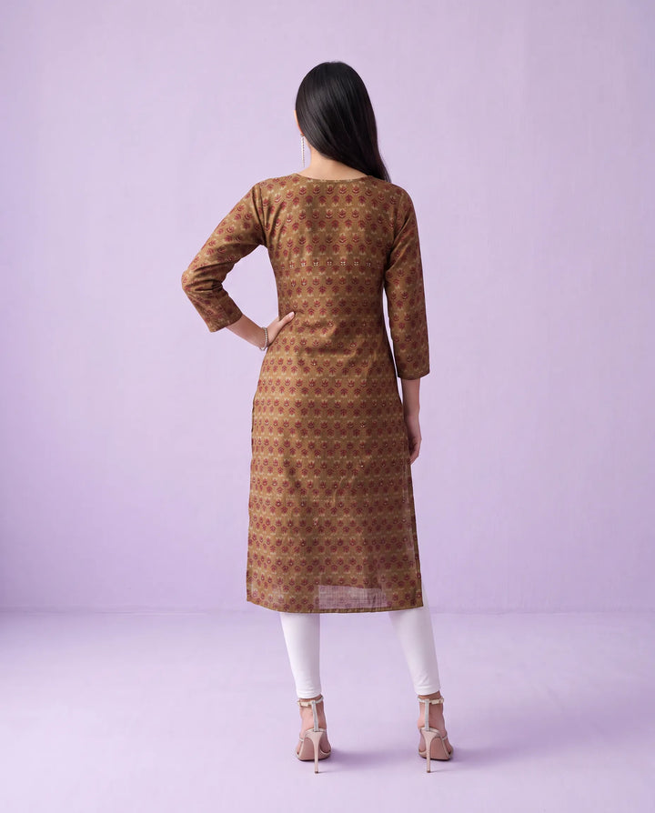 Brown Embroidered Viscose Blended Straight cut Long Kurta