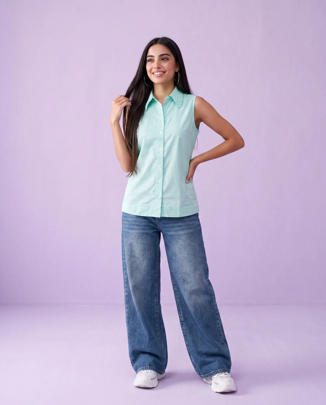Turquoise Solid Cotton Satin Sleeveless Top