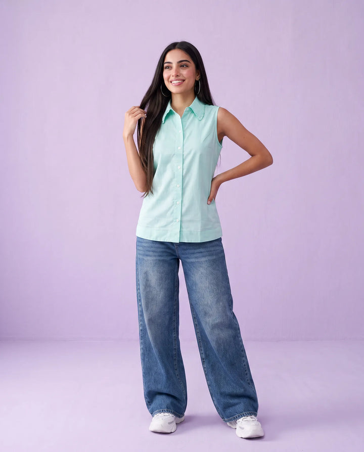 Turquoise Solid Cotton Satin Sleeveless Top