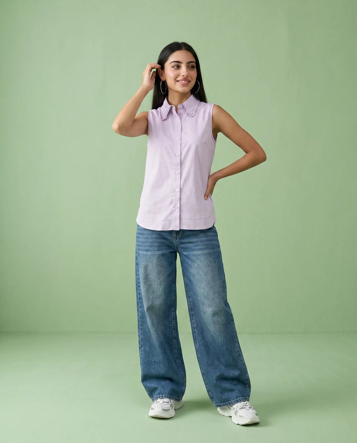 Lavender Solid Cotton Satin Sleeveless Top