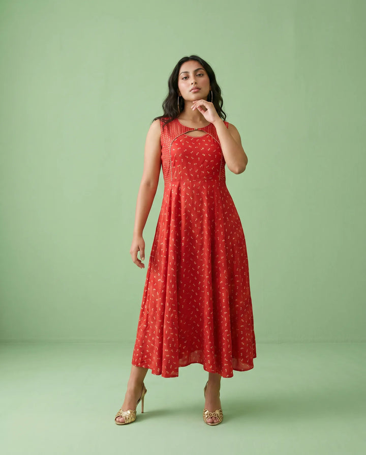 Red Printed Rayon Sleeveless Maxi Dress