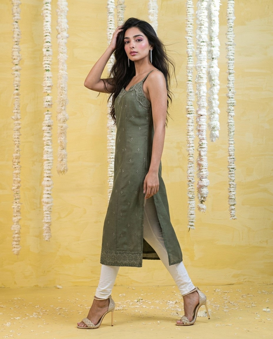Olive Embroidered Viscose Blended Spaghetti Strap Straight Cut Long Kurta