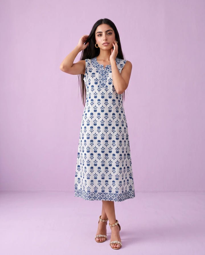Blue Printed Pure Cotton Hand-Block Printed Midi Dress