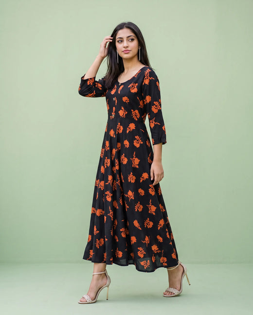 Black Printed Rayon Maxi Dress