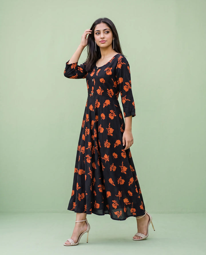 Black Printed Rayon Maxi Dress