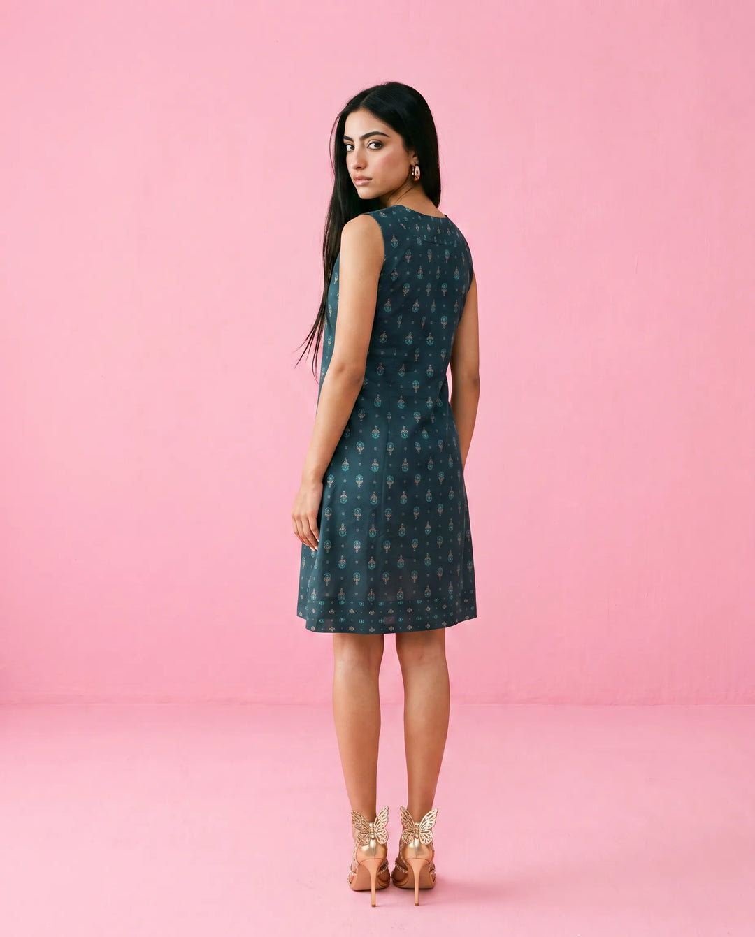 Blue Printed Cotton Midi Dress