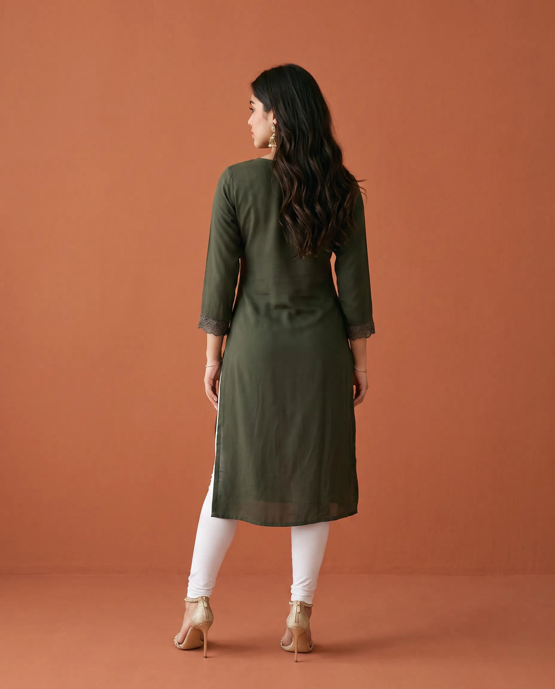 Olive Embroidered Georgette Straight cut Long Kurta