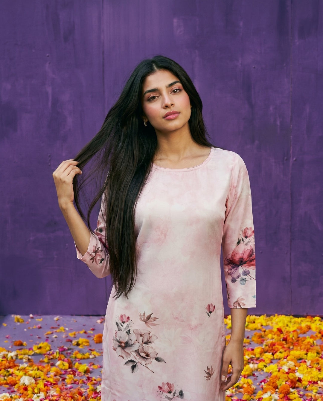 Pink Printed Crepe Silk Straight cut Long Kurta