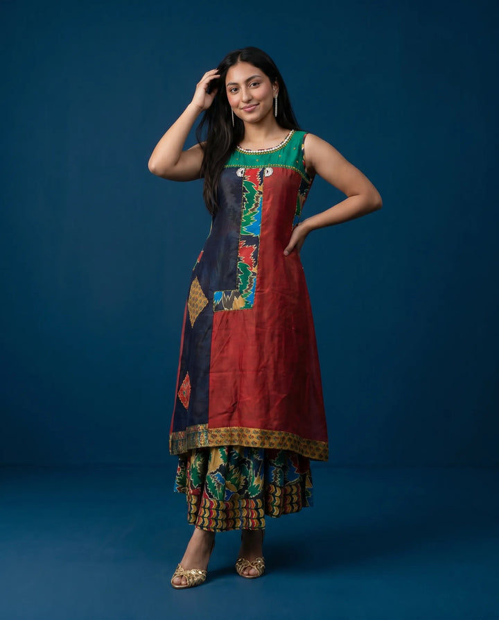 Navy Printed Viscose Blended Sleeveless Maxi Dress