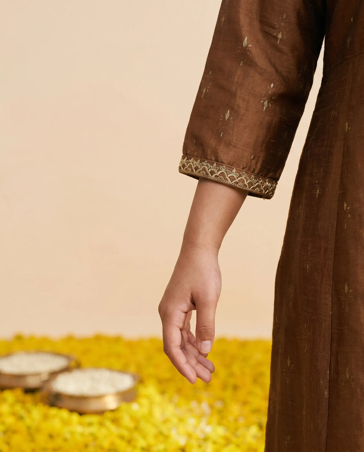 Brown Embriodered Rayon Maxi Dress