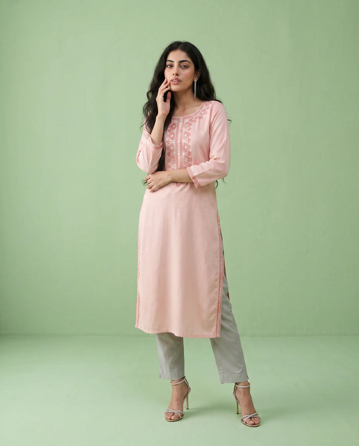 Peach Embroidered Rayon Straight cut Long Kurta
