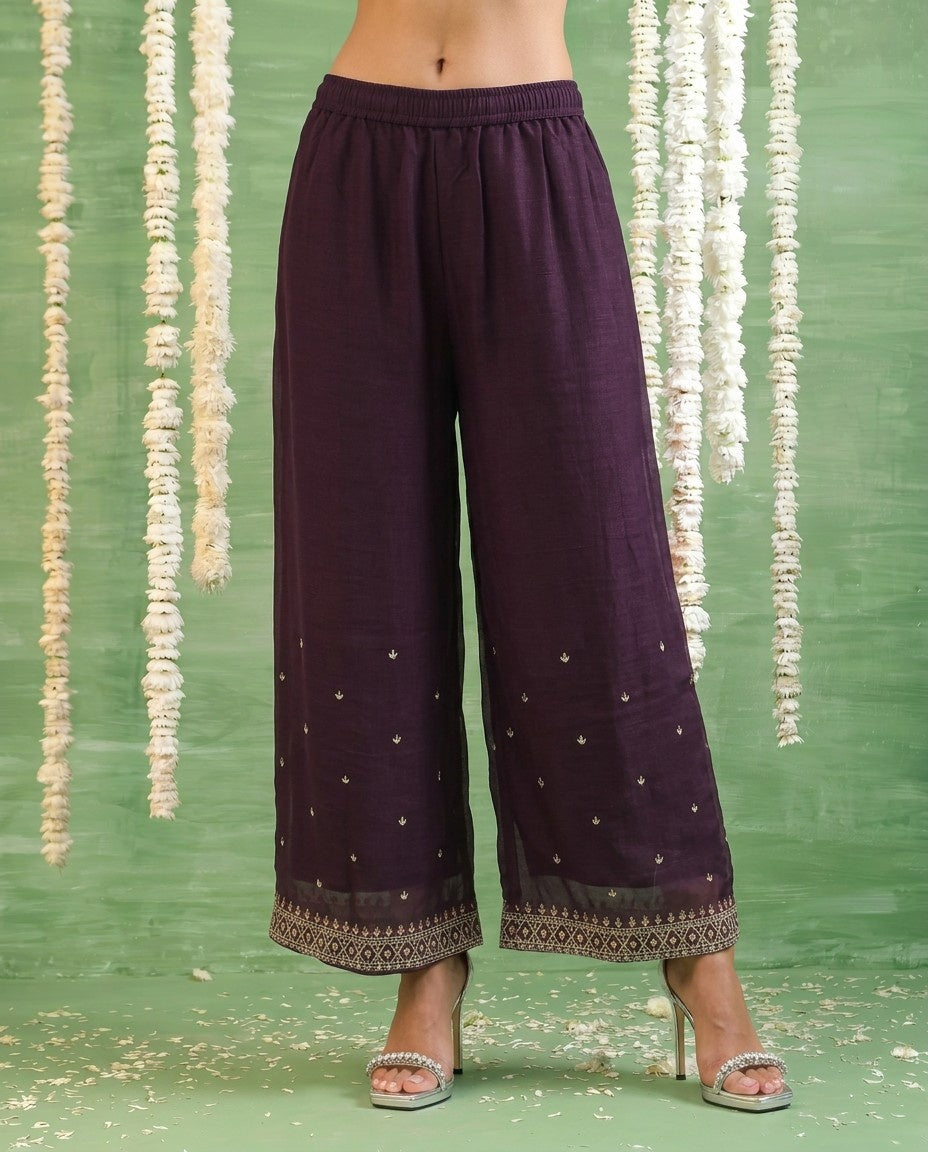 Wine Embriodered Silk Blended Sleeveless Kurta Bottom Dupatta Set