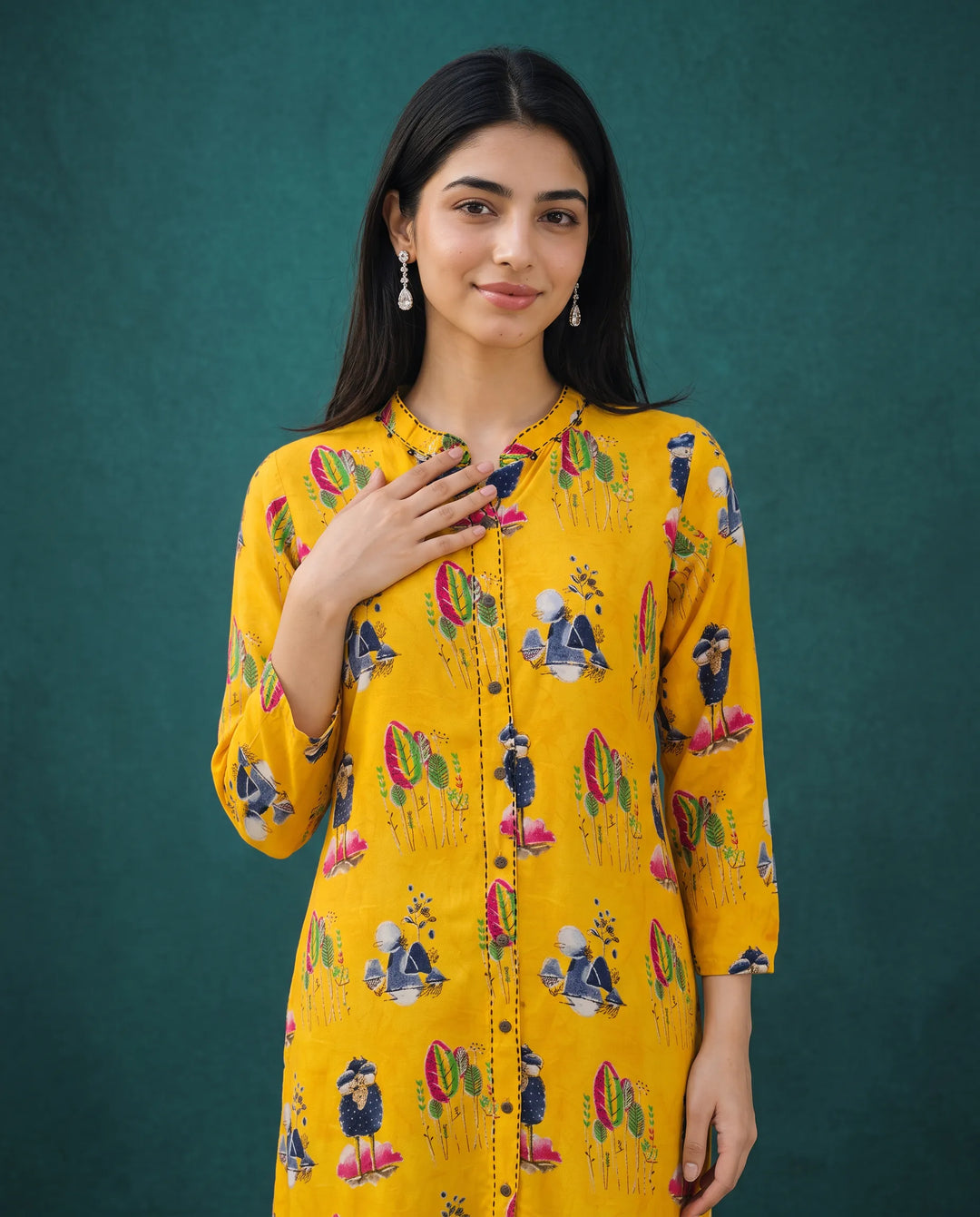 Yellow Printed Rayon Straight cut Long Kurta