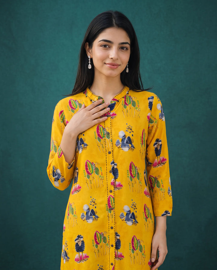 Yellow Printed Rayon Straight cut Long Kurta