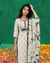White Printed Cotton Kurta Bottom Dupatta Set