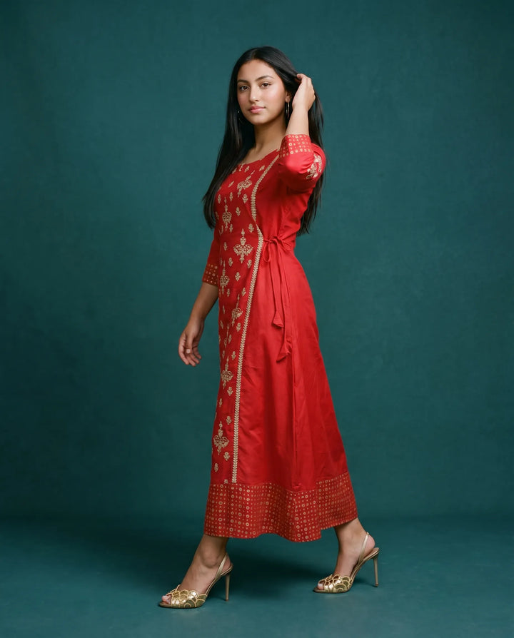 Red Embriodered Silk Blended Maxi Dress