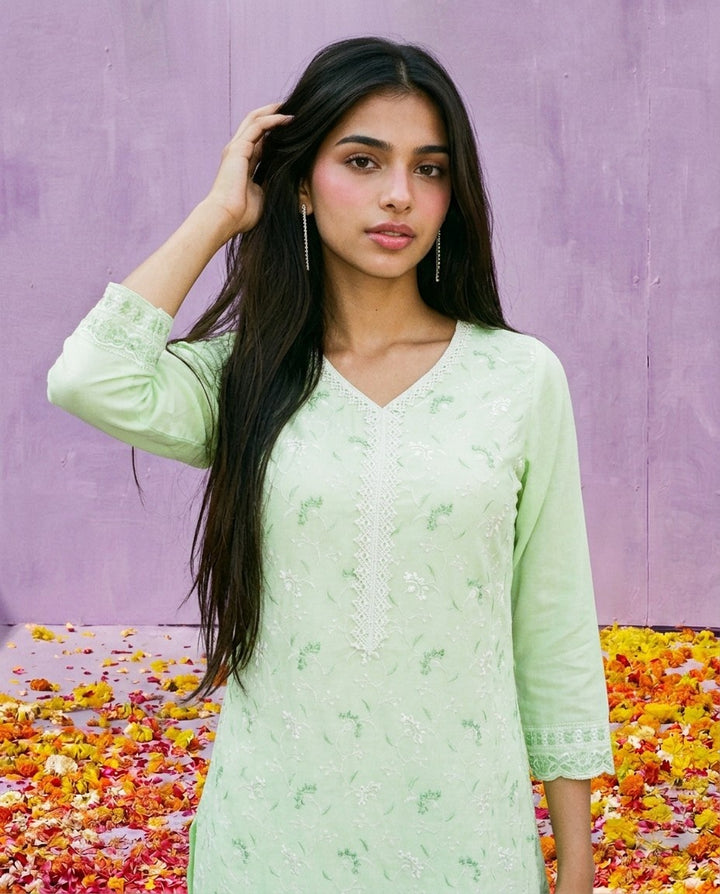 Lime Green Embriodered Cotton Satin Co-Ord Set