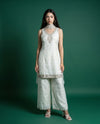 White Embroidered Silk Blended Spaghetti Strap Kurta Bottom Dupatta Set