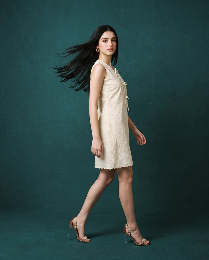 Cream Embroidered Korean Style Cotton Midi Dress