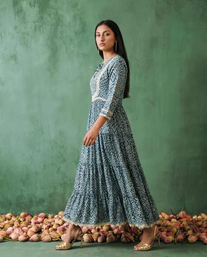 Blue Printed Silk Blended Maxi Dress
