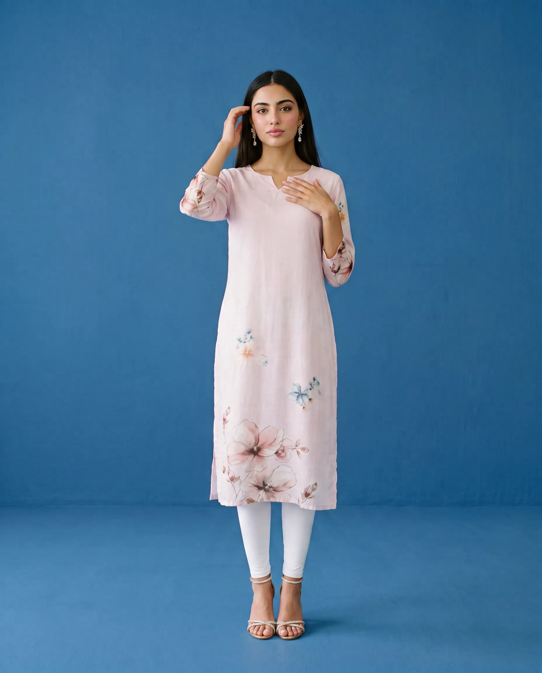 Pink Printed Crepe Silk Straight cut Long Kurta