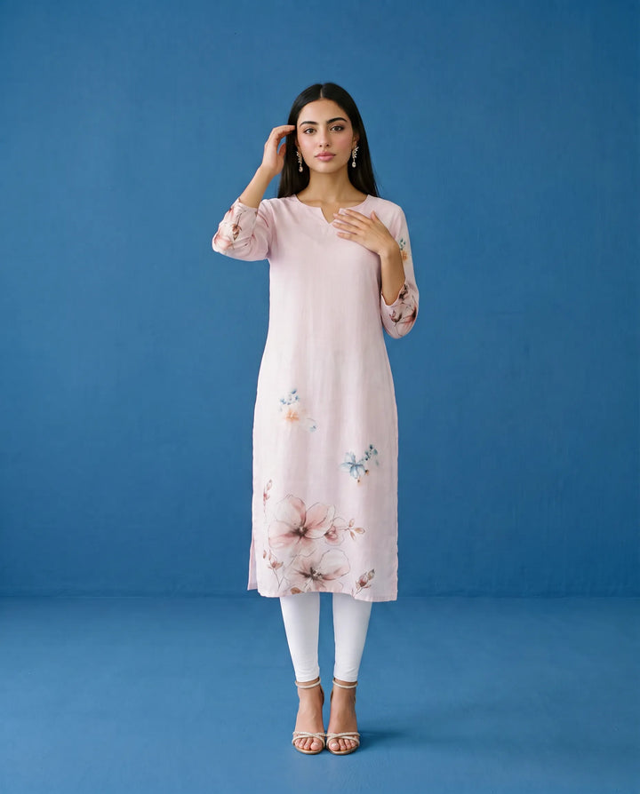 Pink Printed Crepe Silk Straight cut Long Kurta