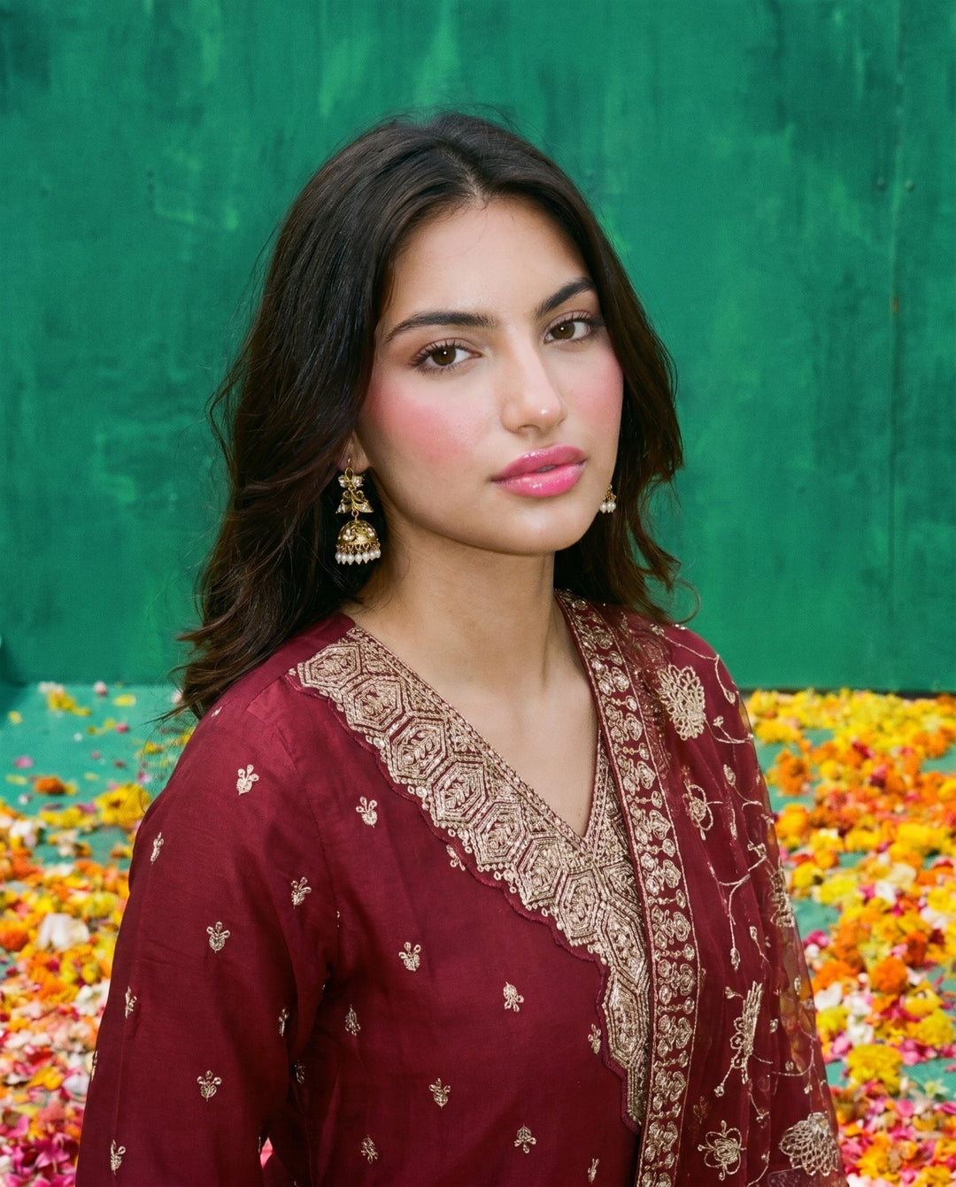 Maroon Embriodered Silk Blended Kurta Bottom Dupatta Set