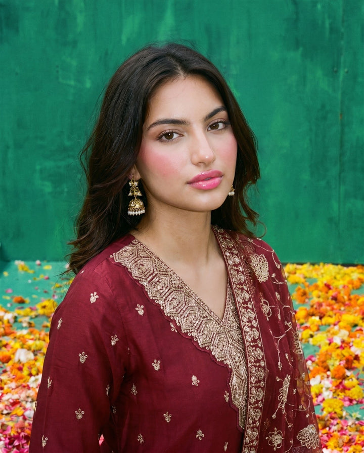 Maroon Embriodered Silk Blended Kurta Bottom Dupatta Set