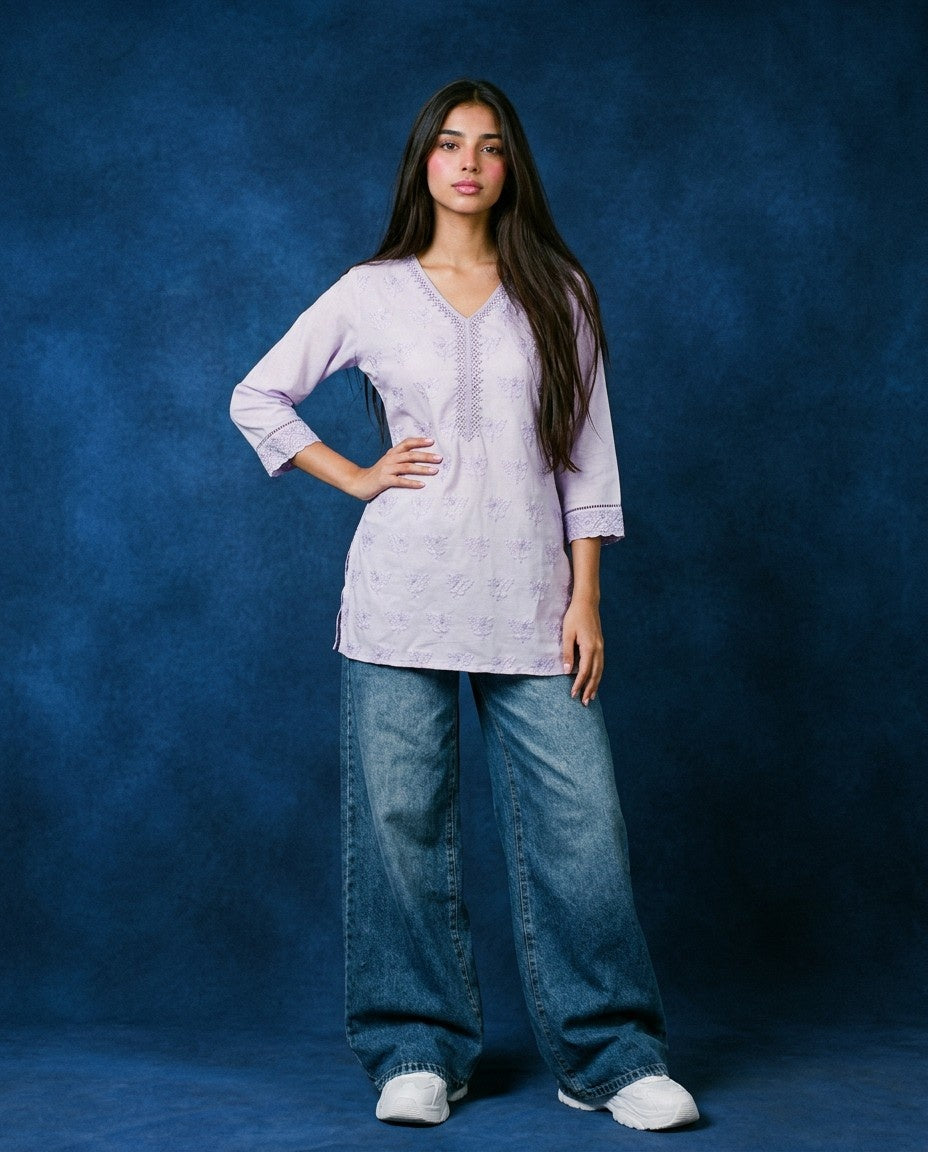 Lavender Embriodered Cotton Short Kurti