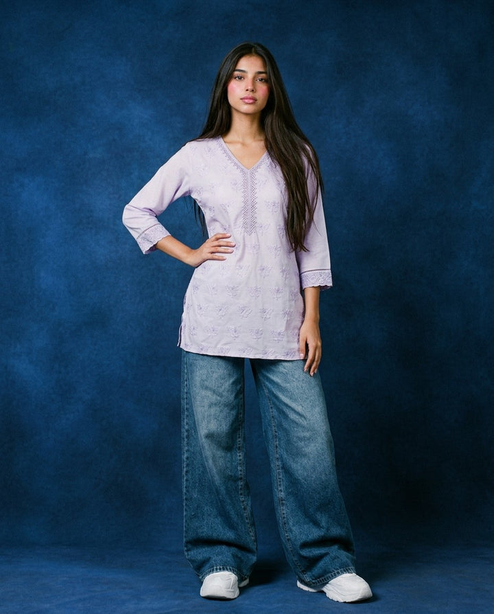 Lavender Embriodered Cotton Short Kurti