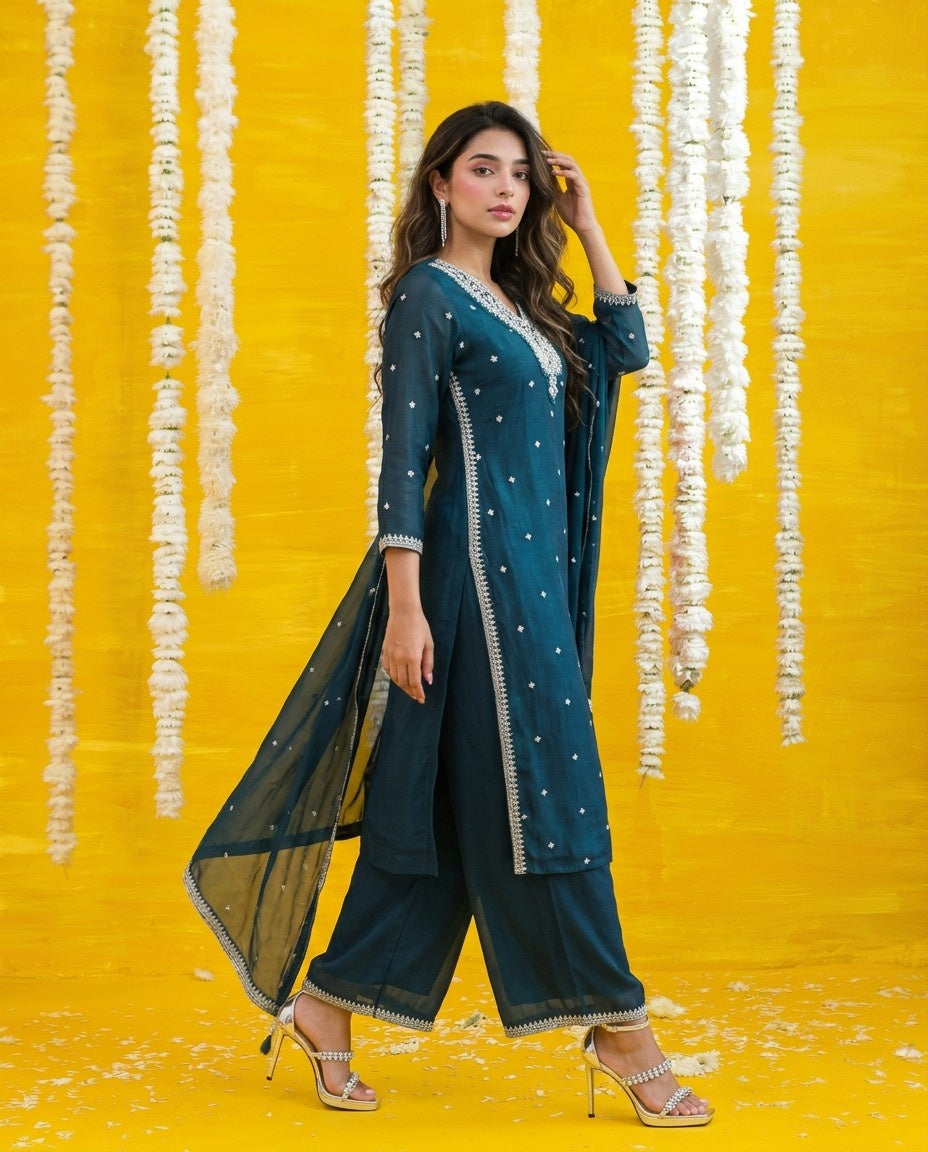 Bottle Green Embriodered Silk Blended Kurta Bottom Dupatta Set