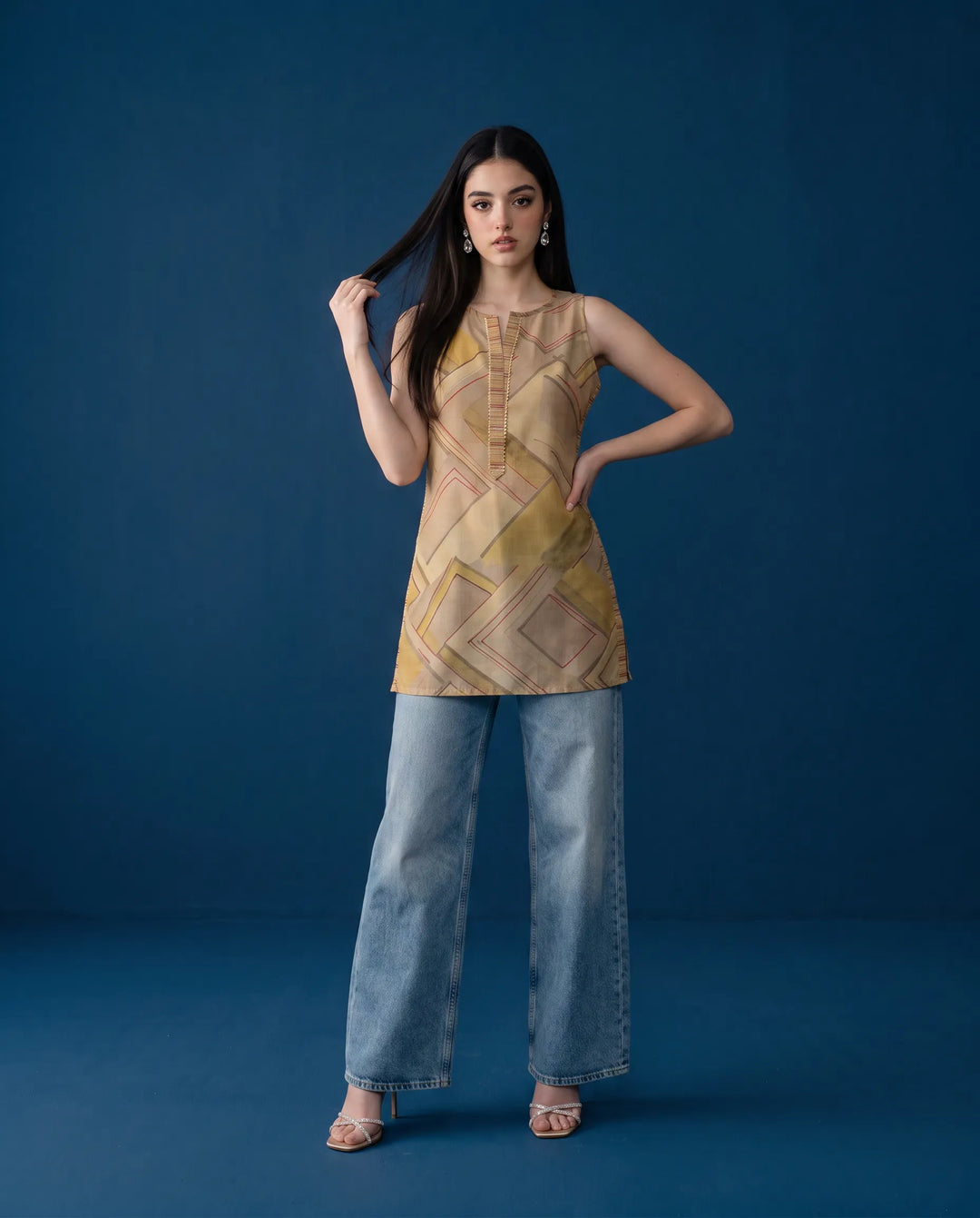 Beige Printed Cotton Blended Sleeveless Short Kurti