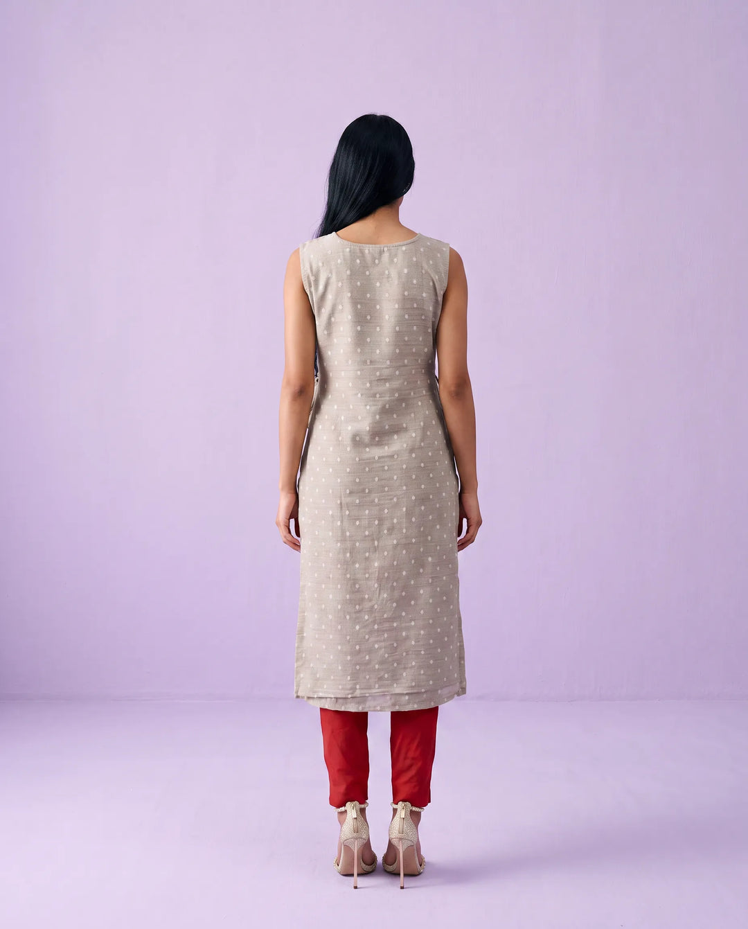 Beige Embroidered Cotton Straight cut Sleeveless Long Kurta