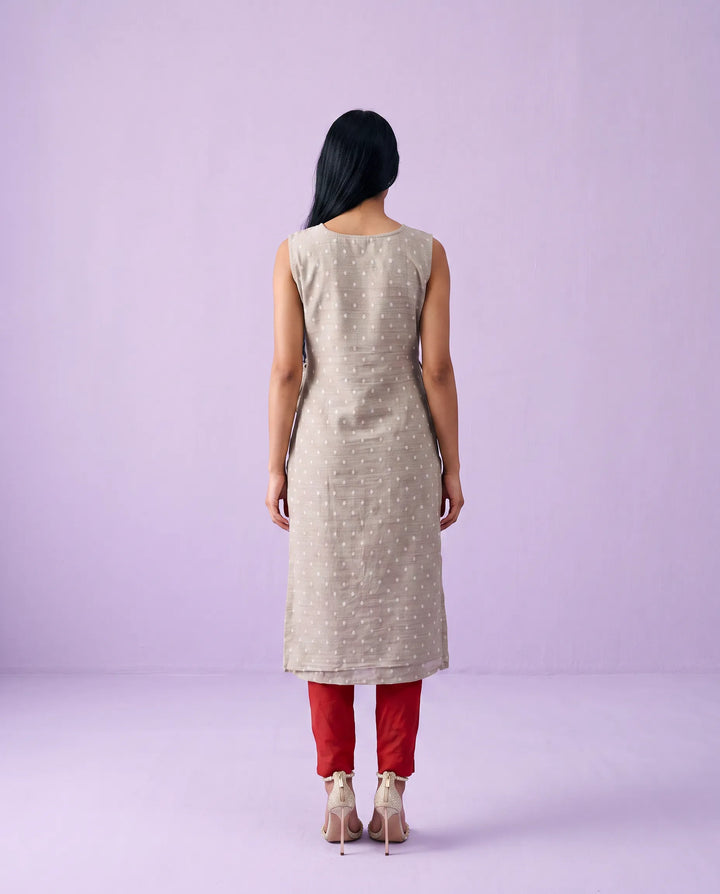 Beige Embroidered Cotton Straight cut Sleeveless Long Kurta