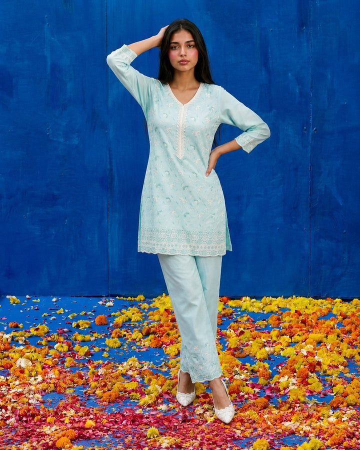 Sky Blue Embriodered Cotton Satin Co-Ord Set