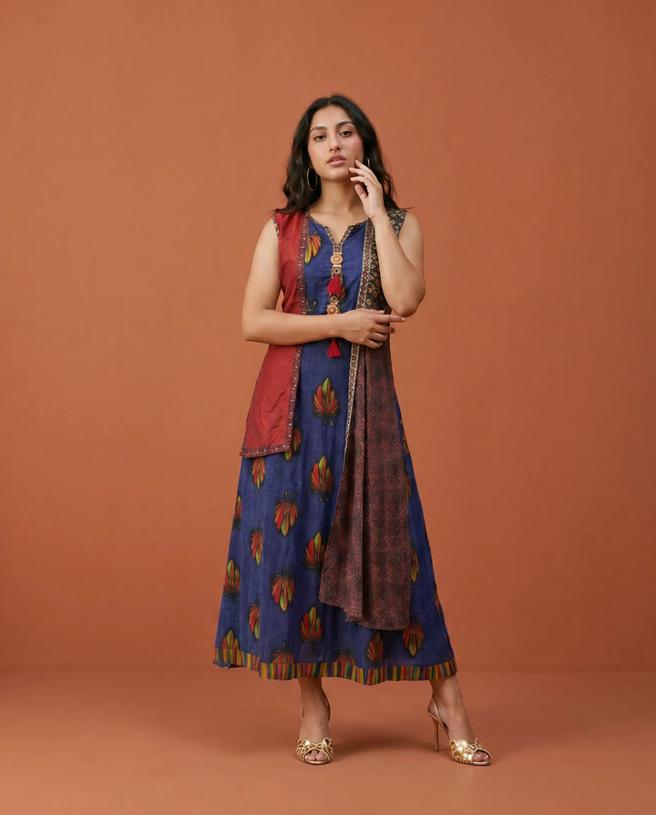 Navy Printed Rayon Sleeveless Maxi Dress