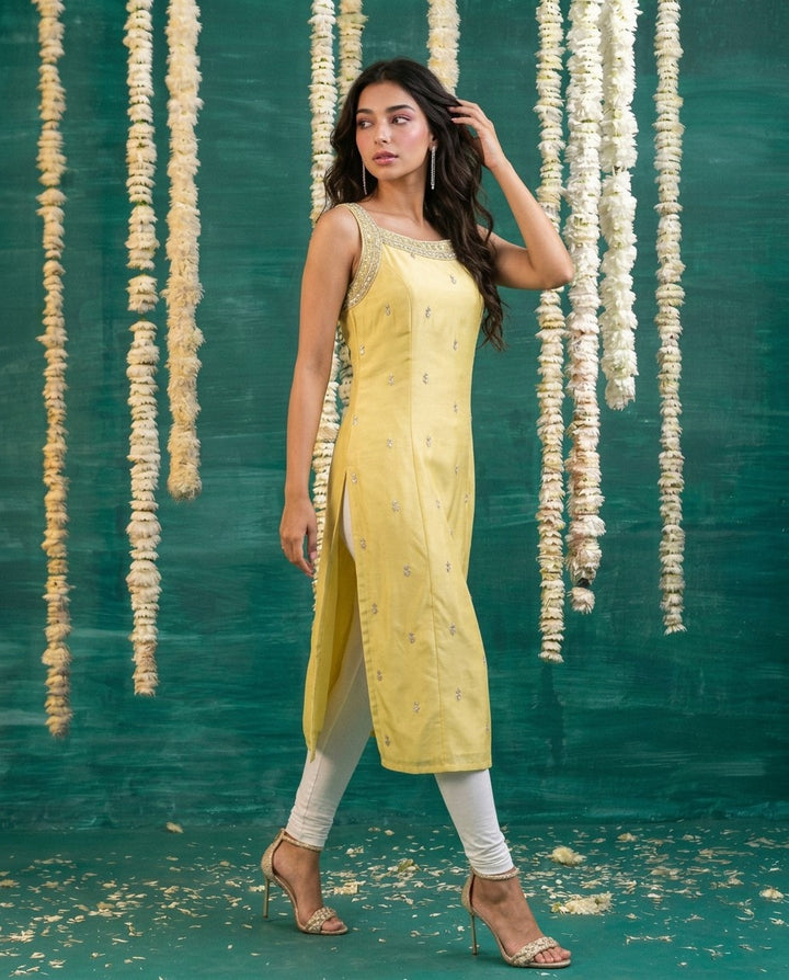 Yellow Embroidered Viscose Blended  Sleeveless Straight cut Long Kurta