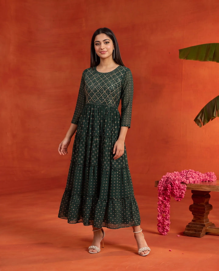 Bottle Green Embriodered Georgette Maxi Dress