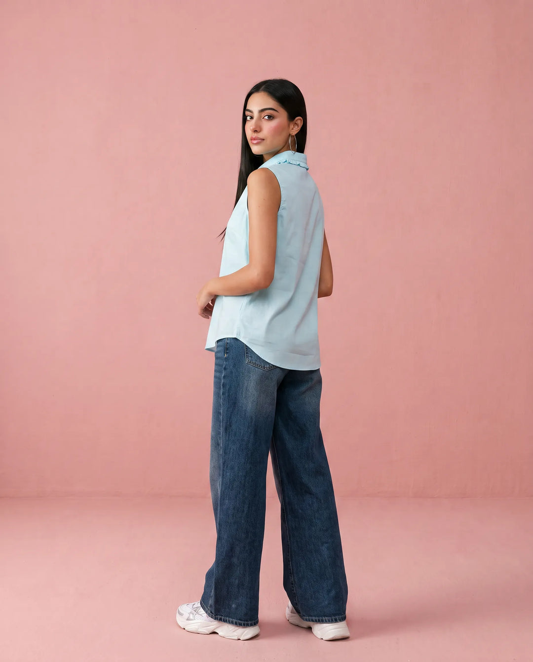 Sky Blue Solid Cotton Satin Sleeveless Top