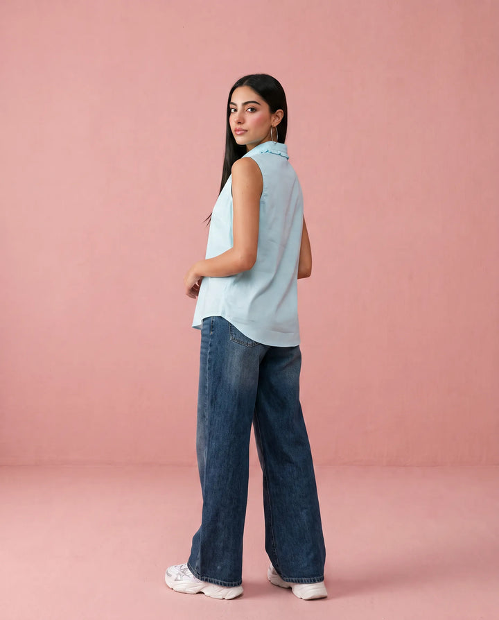 Sky Blue Solid Cotton Satin Sleeveless Top