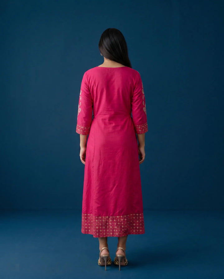 Magenta Embriodered Silk Blended Maxi Dress