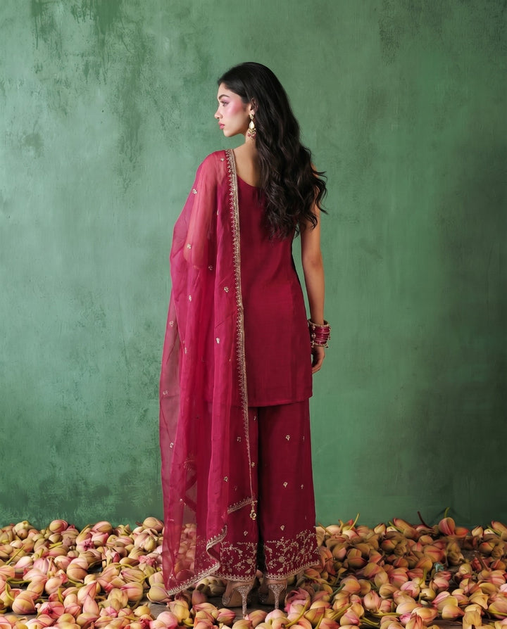 Magenta Embriodered Silk Blended Spaghetti Strap Kurta Bottom Dupatta Set