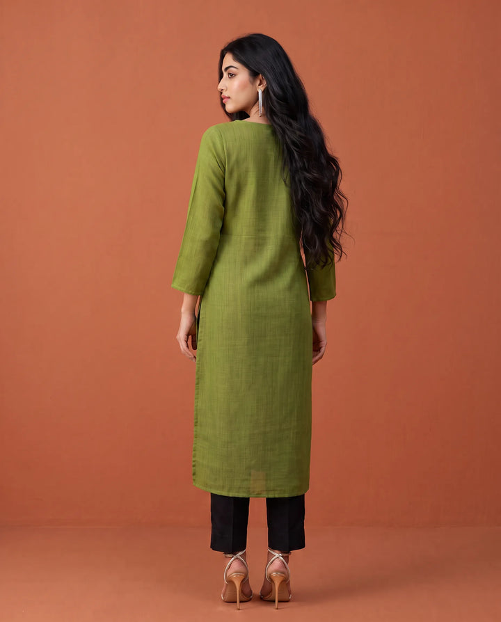 Green Embroidered Cotton Straight cut Long Kurta